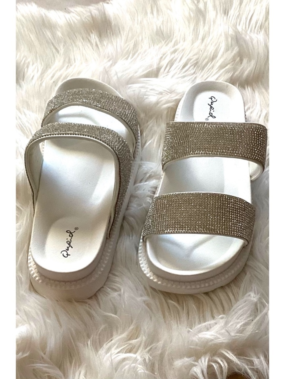 Qupid White Rhinestone Double Strap Sparkly Slide Sandals | Slip On Beach Shoes - Picture 6 of 7